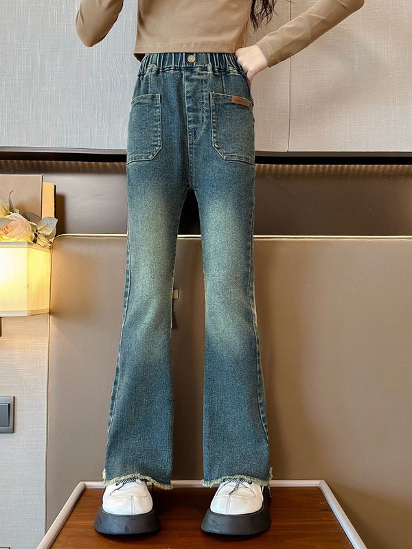 女童秋季褲子2023新款中大童洋氣休閒喇叭褲兒童春秋款高腰牛仔褲