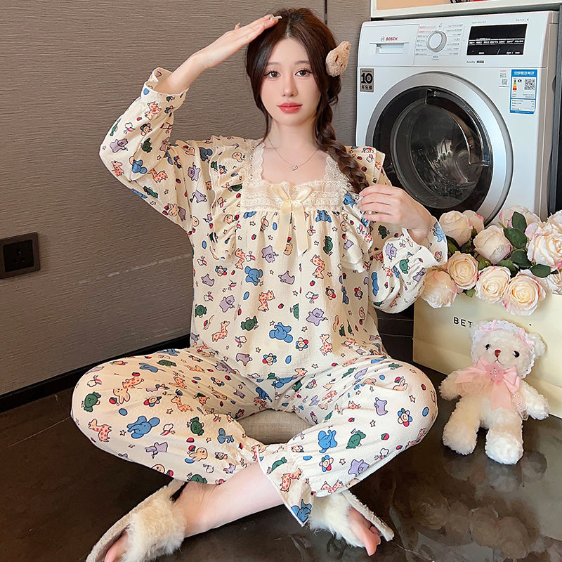 睡衣女春秋季長袖卡通動物公主風2023新款純棉大碼夏天家居服套裝
