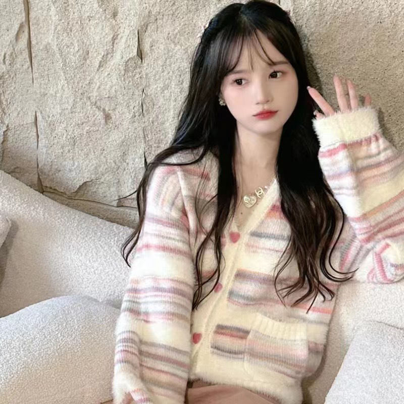 小香風彩虹條紋毛衣針織衫開衫女裝春秋寬鬆慵懶風奶呼呼上衣外套