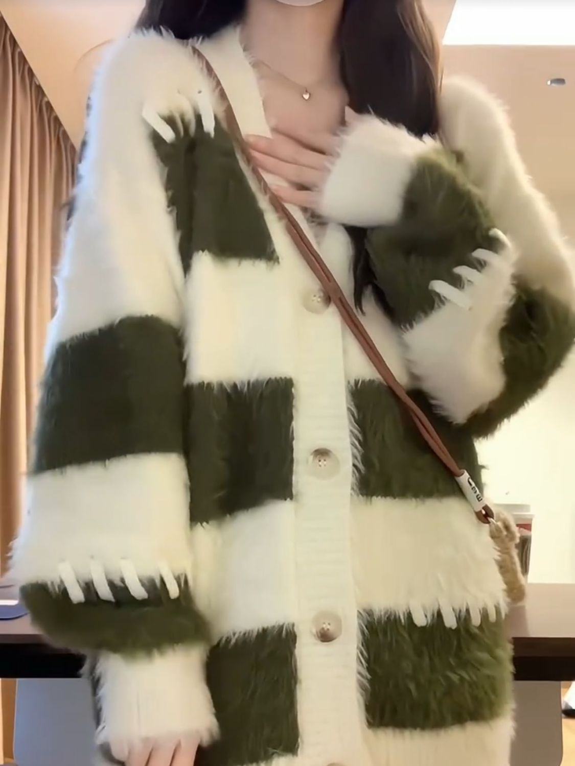 軟糯韓系慵懶風條紋開衫毛衣女秋冬季新款仿水貂絨寬鬆針織衫外套