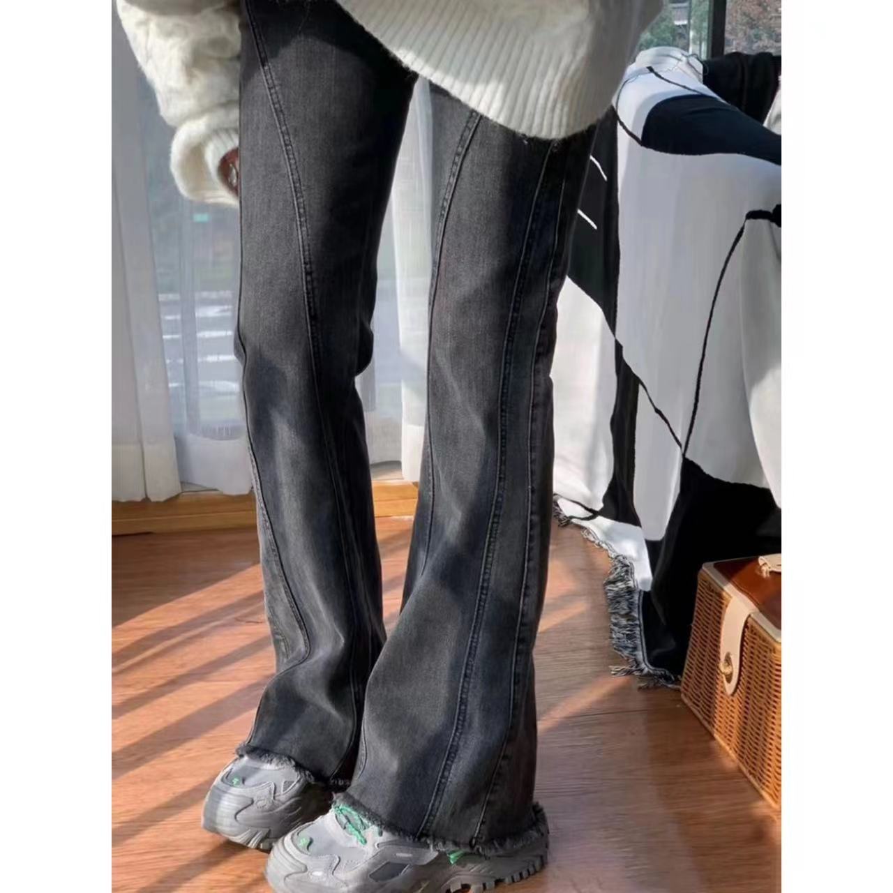 秋冬季黑灰色微喇叭牛仔褲女毛邊拖地長褲彈力修身顯瘦百搭馬蹄褲