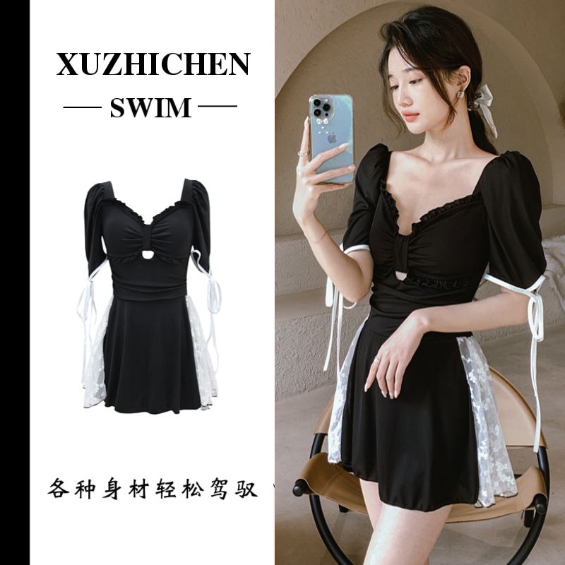 Swimsuit for women in hot springs 2023 new style fairy small breasts covering belly lace skirt square neck short sleeves vacation slimming pure desire
