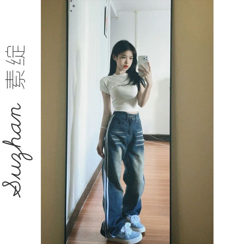 港風復古正肩金屬印花短款上衣女小個子百搭顯瘦高腰短款短袖t恤