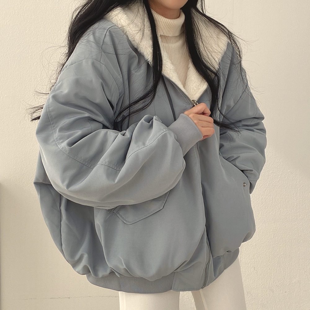 韩国chic休闲气质宽松加绒加厚两面穿羊羔毛棉服女外套秋冬季棉衣