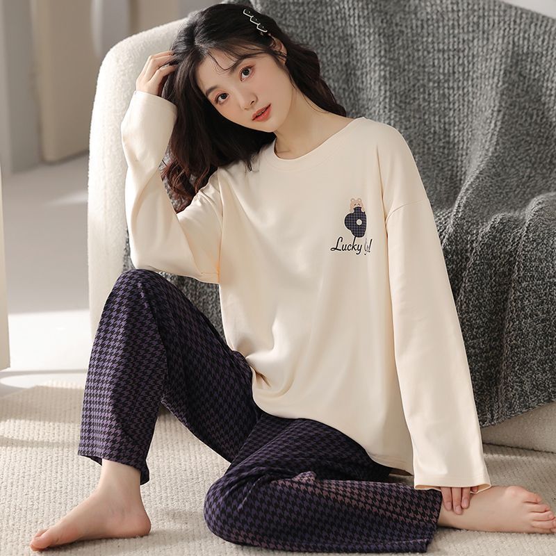 新品睡衣女春秋季長袖長褲學生套裝冬天休閒寬鬆可愛家居服可外穿