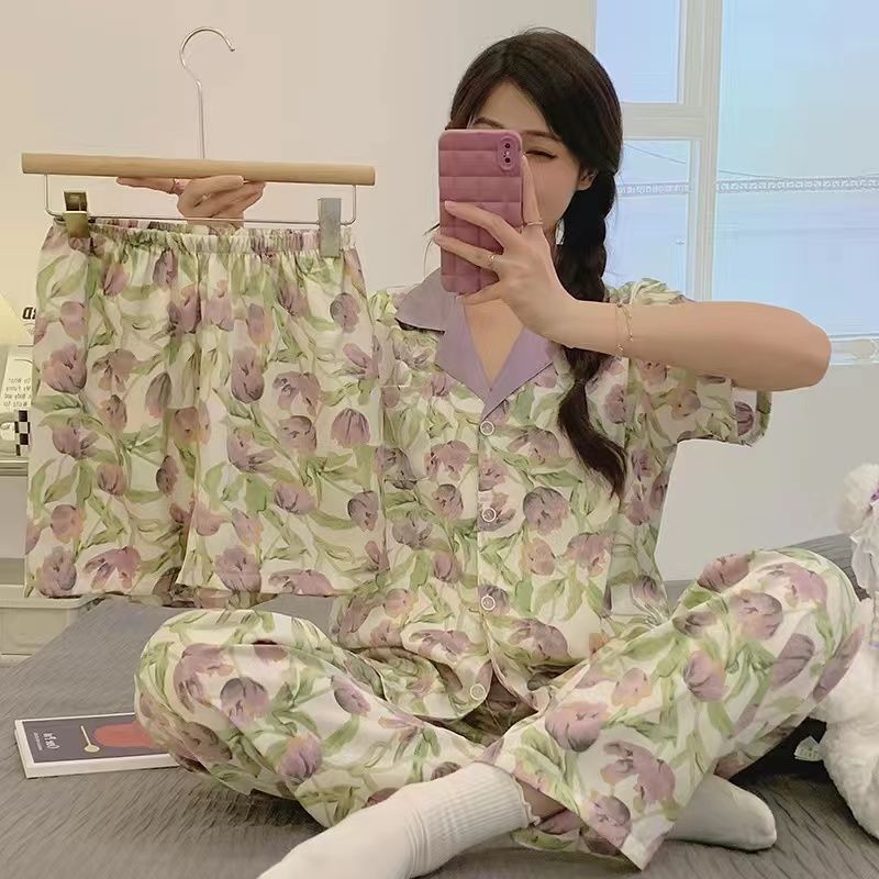 睡衣女春夏季涼感冰絲短袖2023年新款夏天女士薄款家居服三件套裝