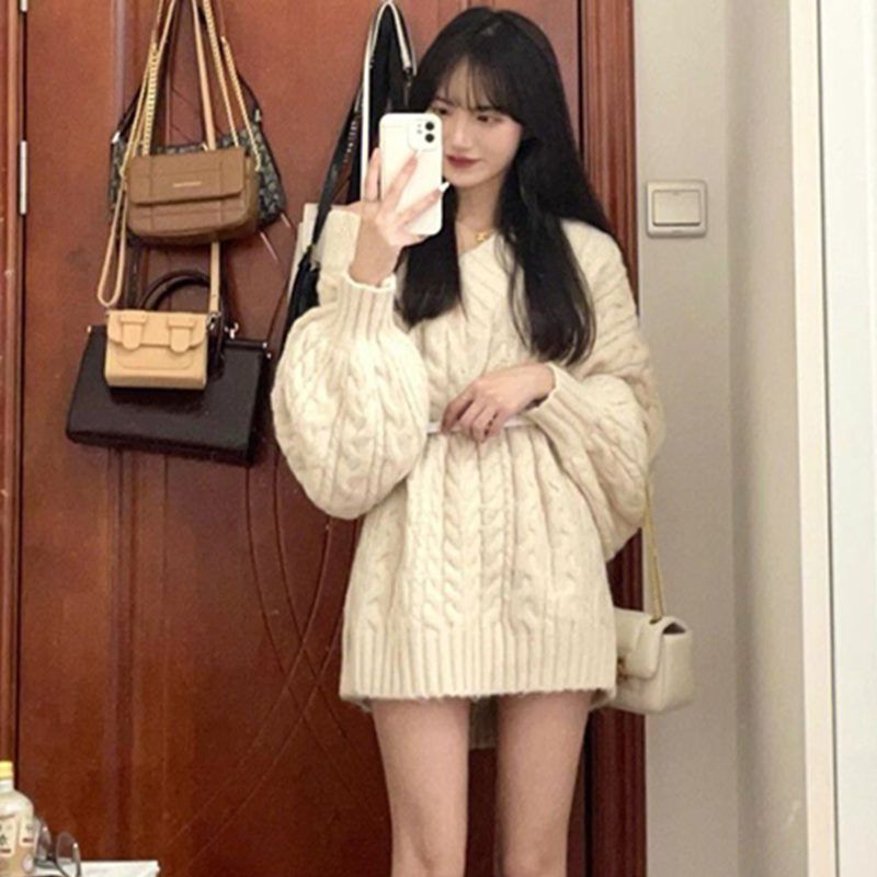 復古加厚V領寬鬆慵懶風麻花毛衣女學生秋冬韓版百搭針織衫上衣潮