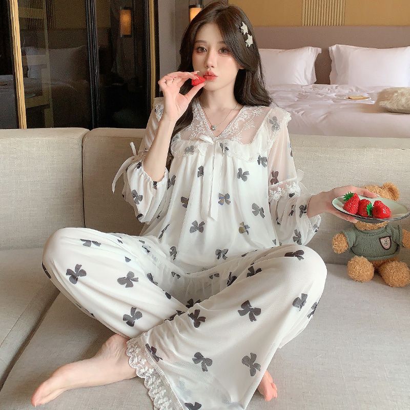 帶胸墊長袖睡衣女春秋款莫代爾網紗宮廷公主風夏季薄款家居服套裝