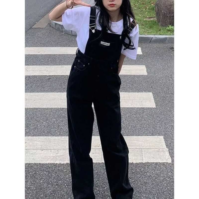 Korean version ins retro black denim overalls for women spring and autumn new high waist loose slim design jumpsuit