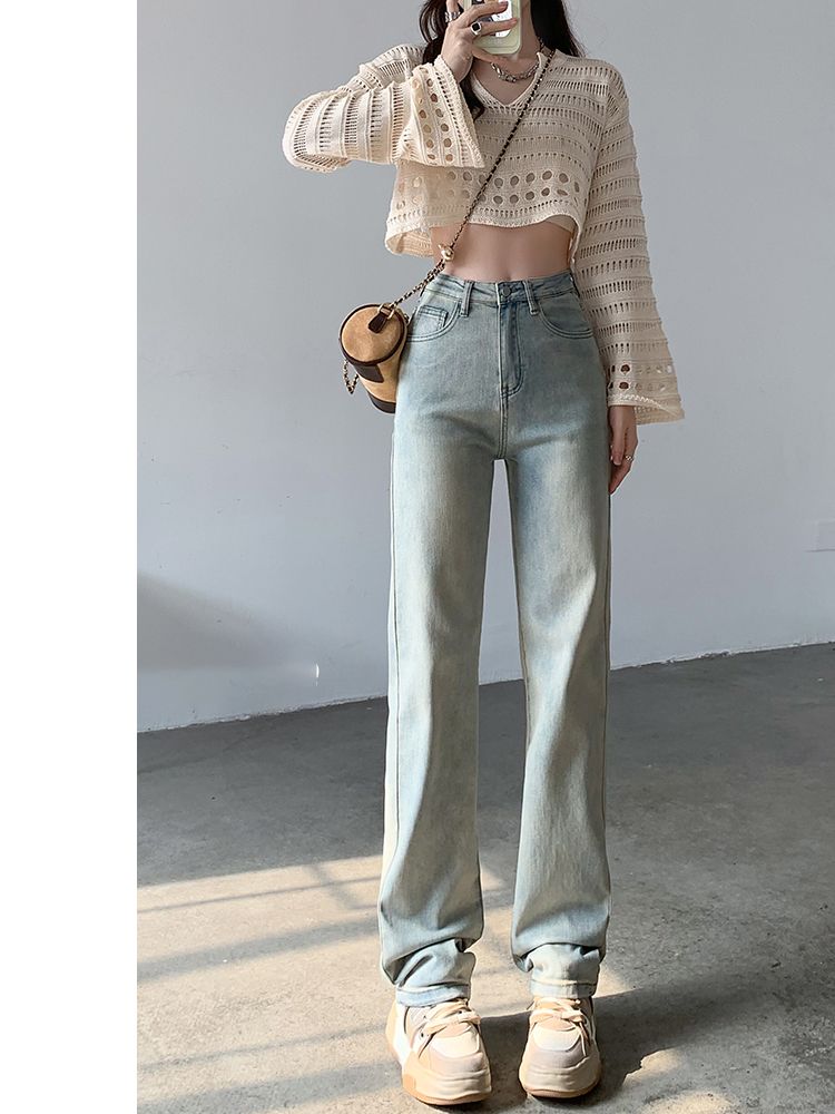 YSYOURS窄版直筒水洗牛仔褲女春秋高腰寬鬆顯瘦大碼拖地闊腿褲子