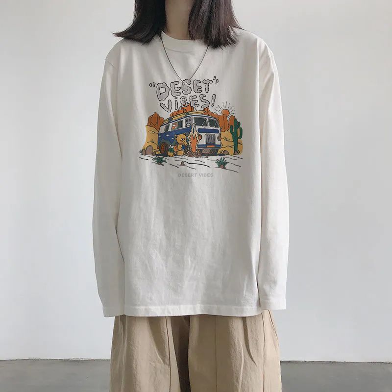 秋冬新款100%純棉長袖t恤女學生韓版寬鬆女裝ins打底上衣女潮百搭