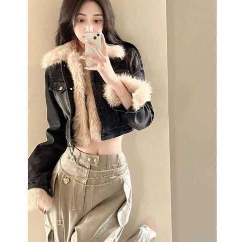 高級感毛毛外套女冬季高腰短款棉衣加厚夾棉炸街復古牛仔夾克棉襖