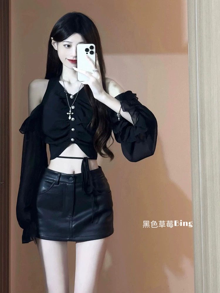 純欲風性感露肩荷葉邊長袖襯衫女夏季設計感小眾別致雪紡防曬上衣