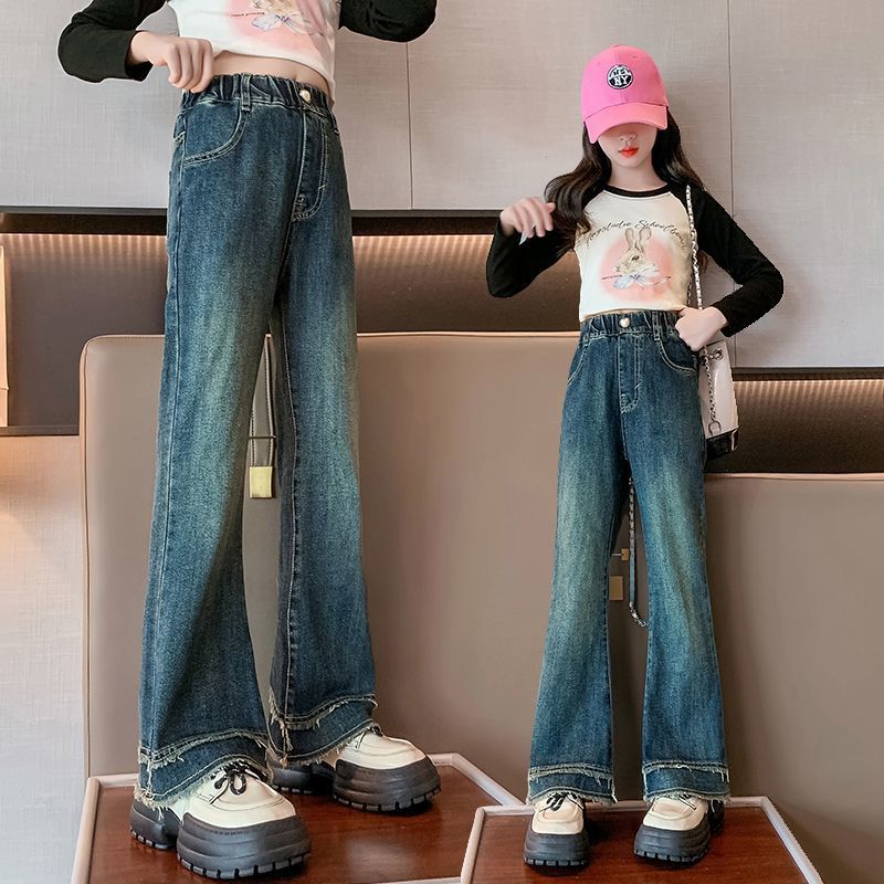 女童褲子春秋2023新款女大童修身網紅洋氣時髦兒童秋季牛仔喇叭褲