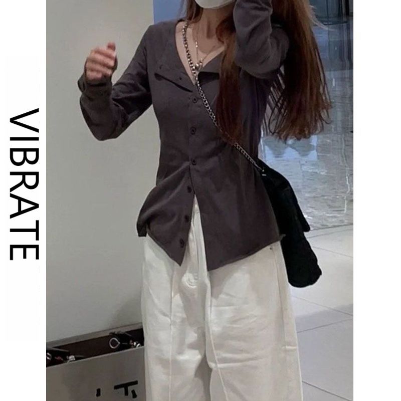 VIBRATE韓版設計感小眾長袖T恤女秋季修身純色打底衫in開衫上衣