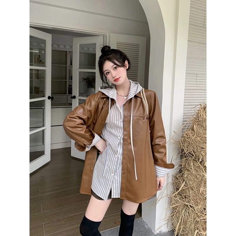 復古棕色皮衣外套女秋季2023新款寬鬆中長款酷酷的長袖夾克機車服