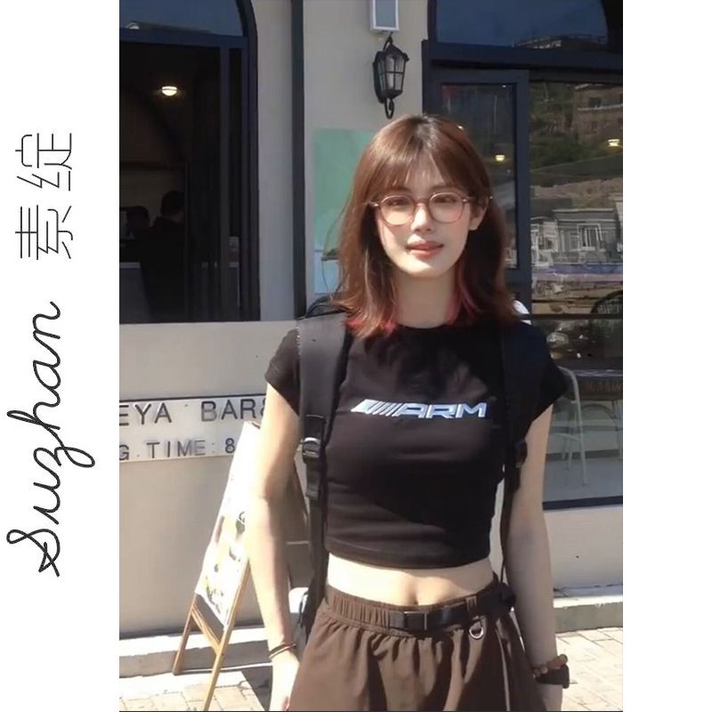 液態金屬印花上衣女美式復古正肩甜辣妹黑色短款短袖修身顯瘦t恤
