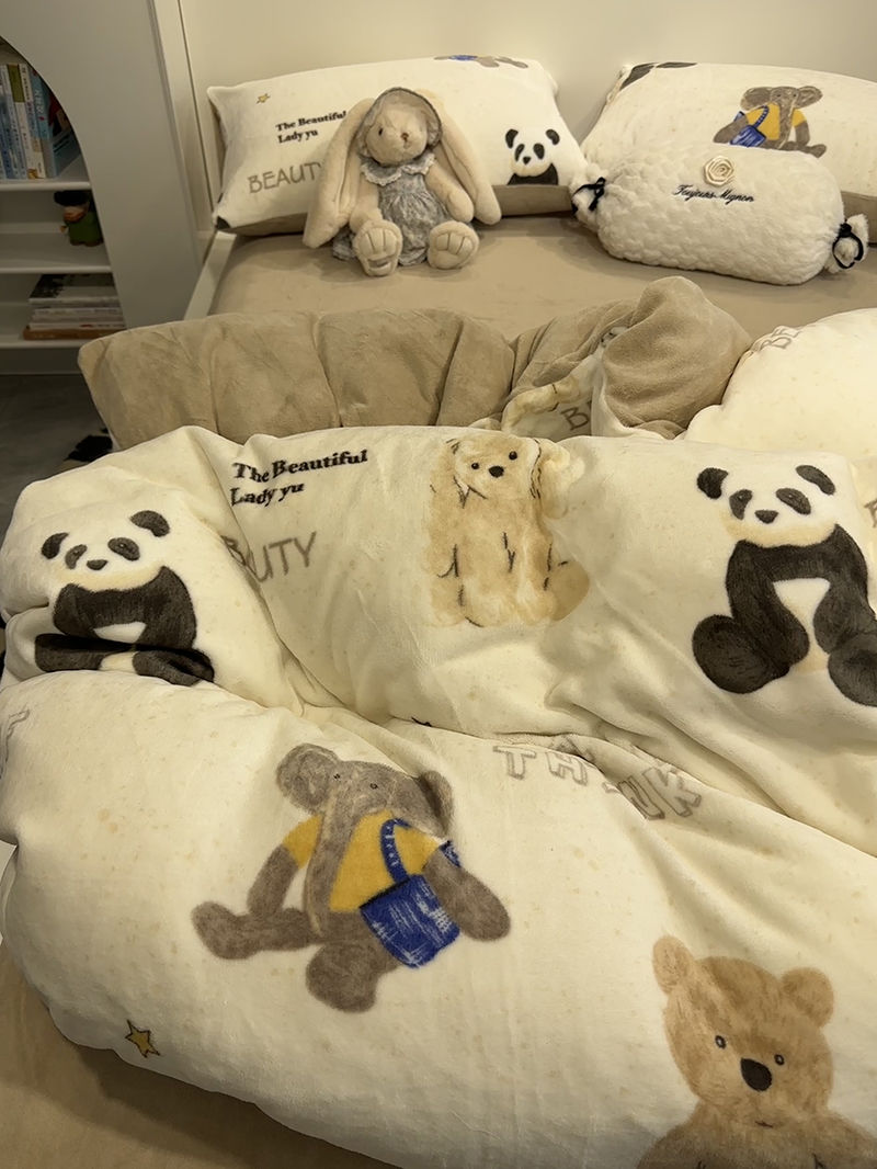 保暖冬季熊猫小兔双面牛奶绒四件套法兰珊瑚绒加厚被套床单三件套