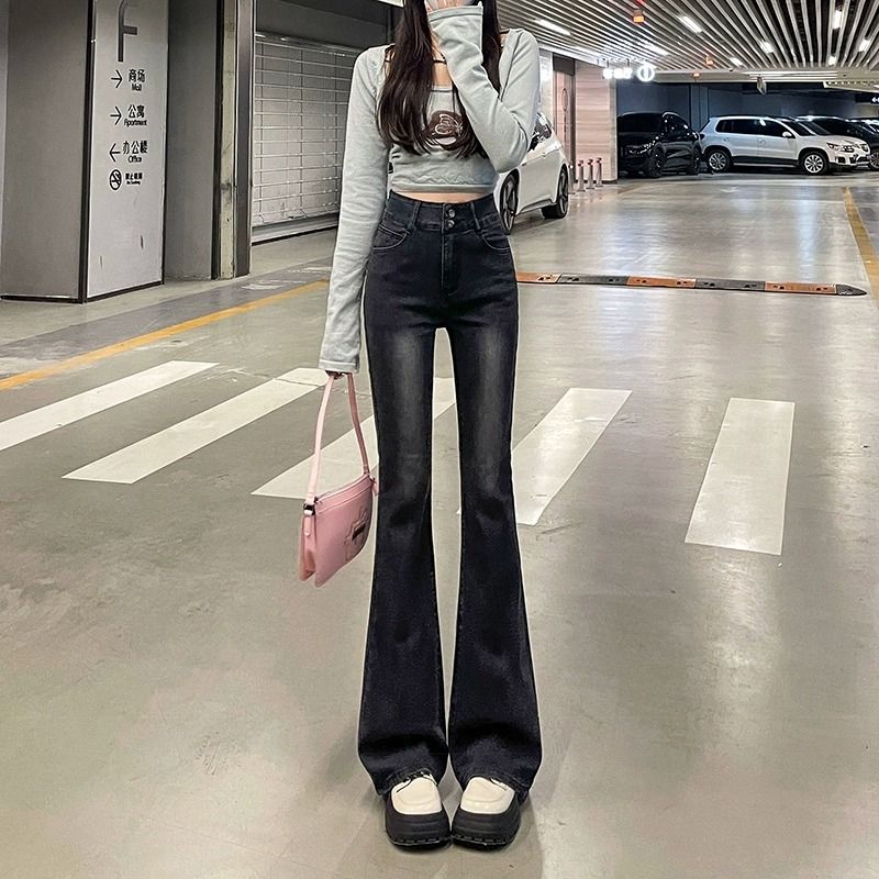 黑灰修容微喇牛仔褲女秋冬新款大碼胖mm高腰彈力顯瘦微喇馬蹄褲子