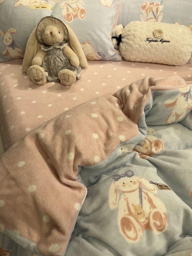 冬季保暖邦尼兔牛奶绒四件套法兰珊瑚绒双面加厚被套床单笠三件套