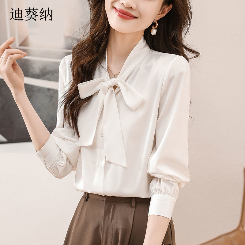 迪葵納2023年新款秋季蝴蝶結長袖上衣垂墜免燙女裝白襯衫洋氣襯衣
