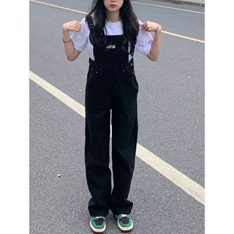 Korean version ins retro black denim overalls for women spring and autumn new high waist loose slim design jumpsuit