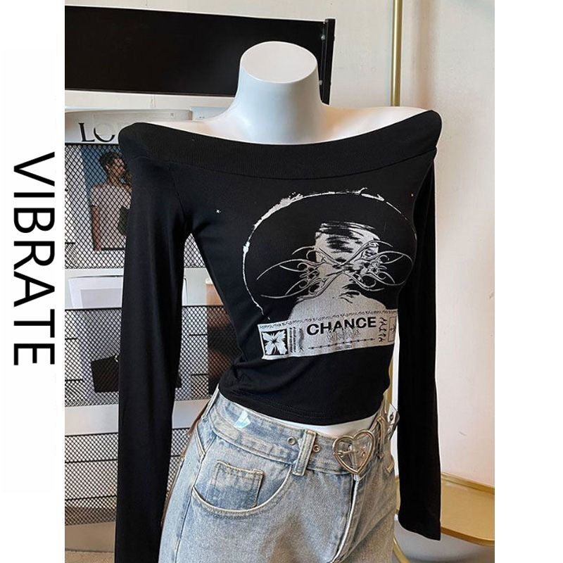 VIBRATE韓版黑色別致上衣女修身短款顯瘦初秋一字肩長袖t恤女潮