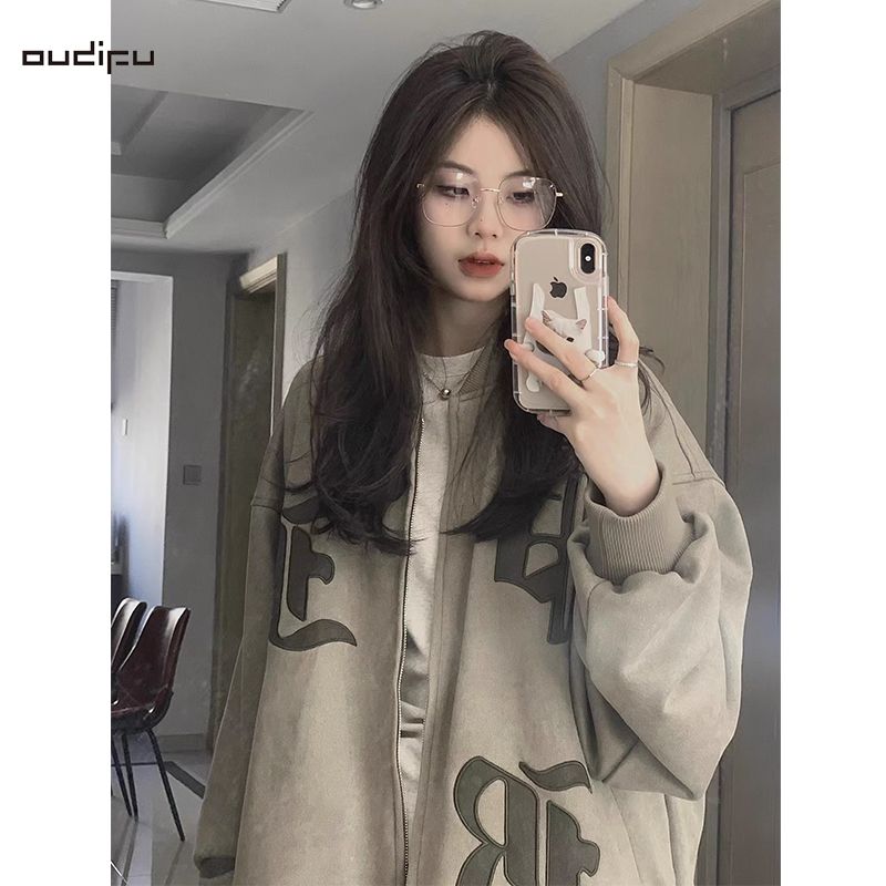 OUDIFU100%純棉春秋季oversize大碼寬鬆潮牌衛衣女學生ins外套潮
