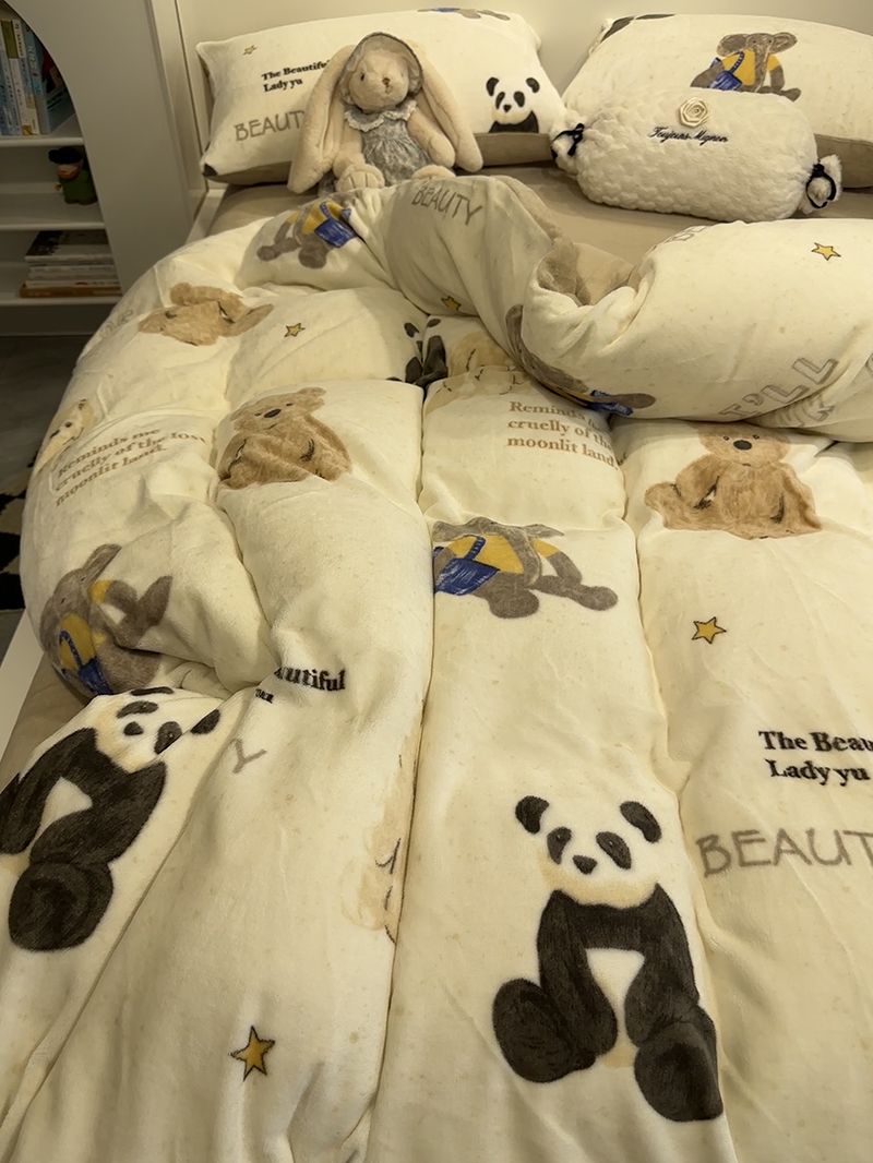 保暖冬季熊猫小兔双面牛奶绒四件套法兰珊瑚绒加厚被套床单三件套