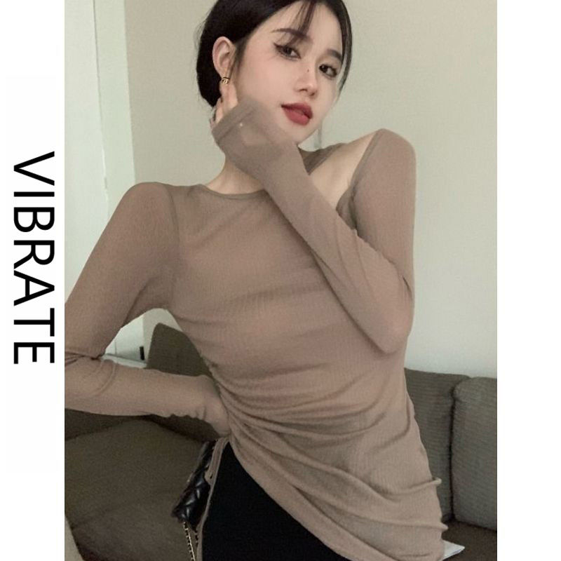 VIBRATE韓版防曬長袖輕薄T恤女夏季純欲風別致辣妹露肩抽繩上衣
