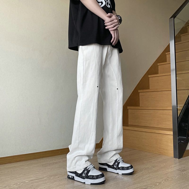 美式夏季薄款牛仔褲男士按扣設計感修身褲子vibe潮流高街直筒長褲