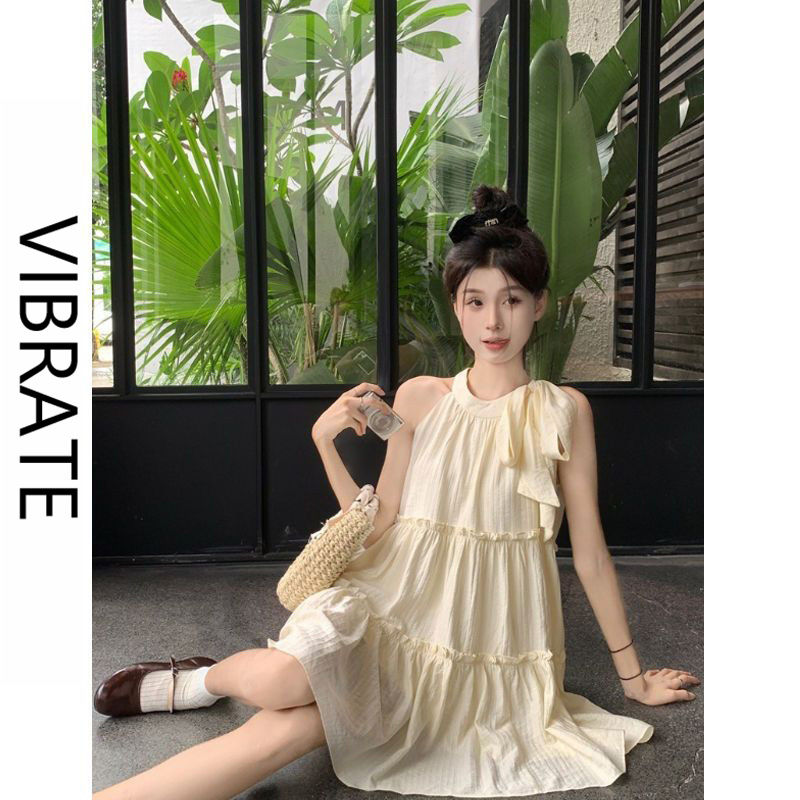 VIBRATE韩版夏季气质显瘦法式少女无袖挂脖裙子女小个子连衣裙
