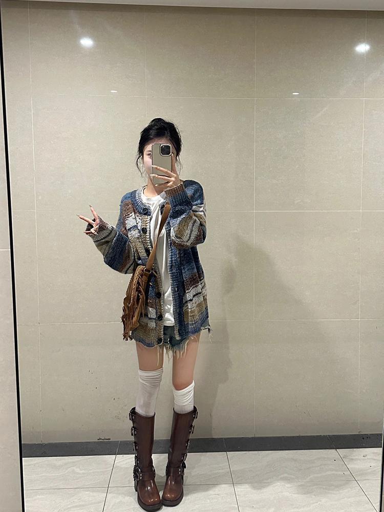 慵懶彩虹秋冬bf針織風毛衣油畫色國潮新款漸變寬鬆開衫女外套休閒