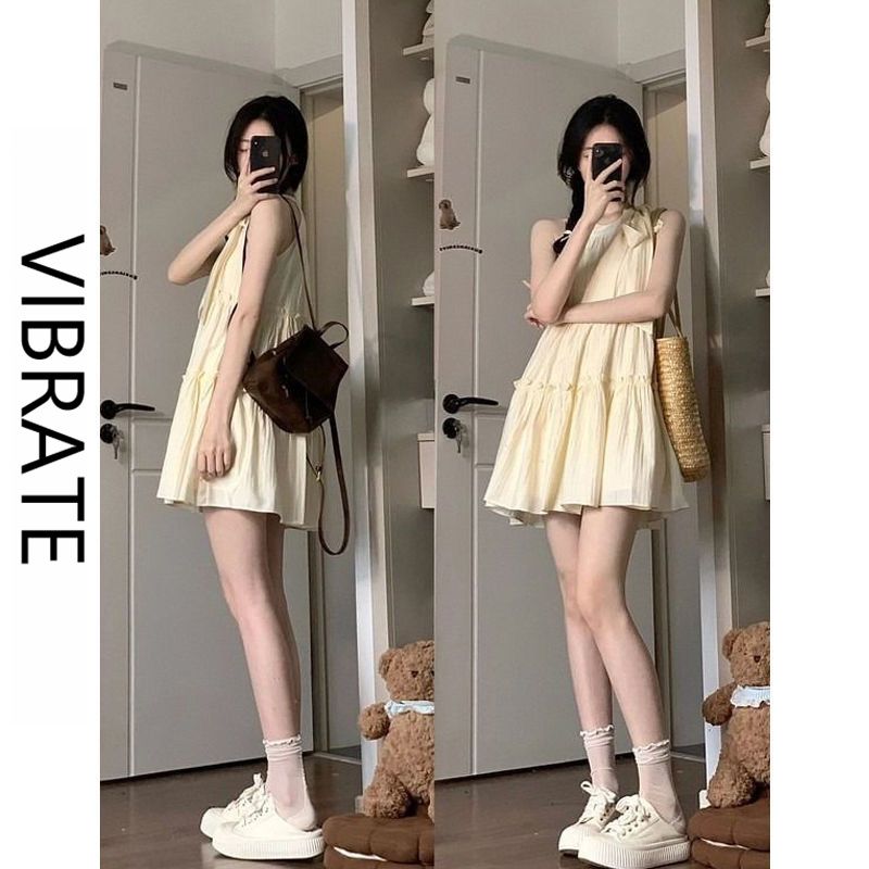 VIBRATE韓版法式無袖掛脖連衣裙子女顯瘦氣質小個子A字公主裙夏