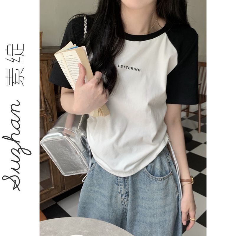韓版撞色插肩袖正肩小個子上衣女夏季百搭洋氣簡約字母印花短袖潮