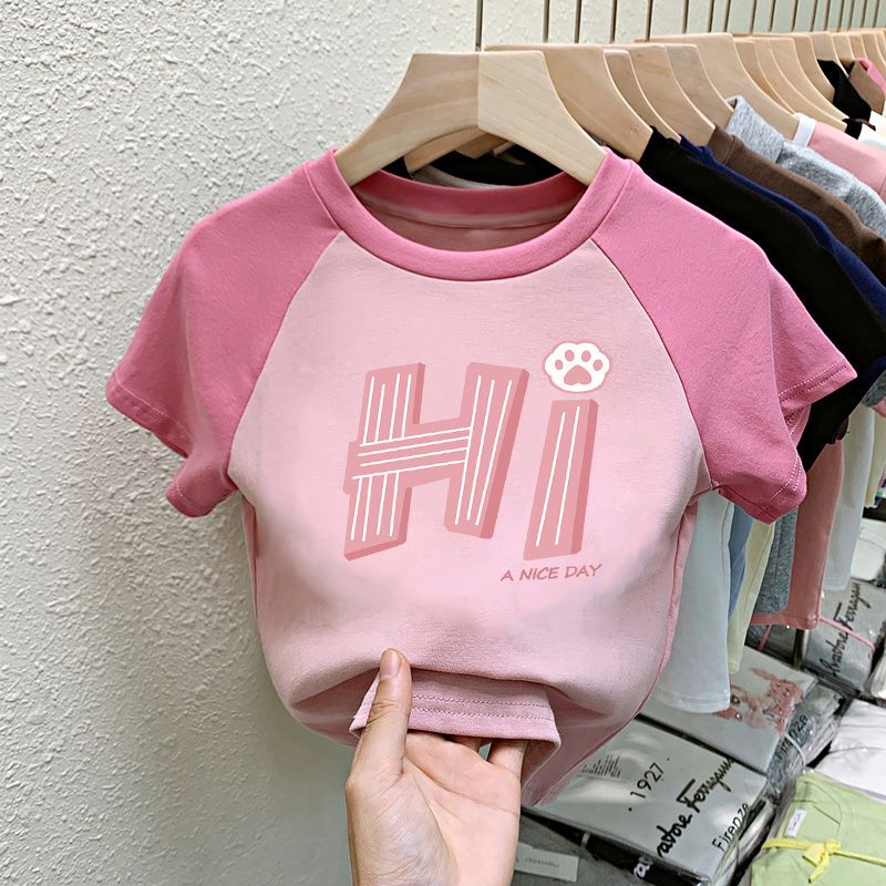 Girls' short-sleeved T-shirt 2023 summer new style children's pure cotton round neck half-sleeved trendy contrasting color bottoming shirt for older girls