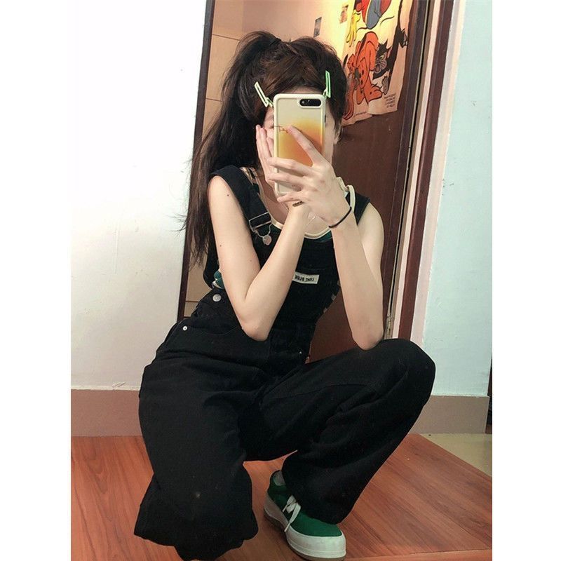 High-waisted denim overalls for women in spring and autumn new style small salt-type loose age-reducing wide-leg jumpsuit ins trend