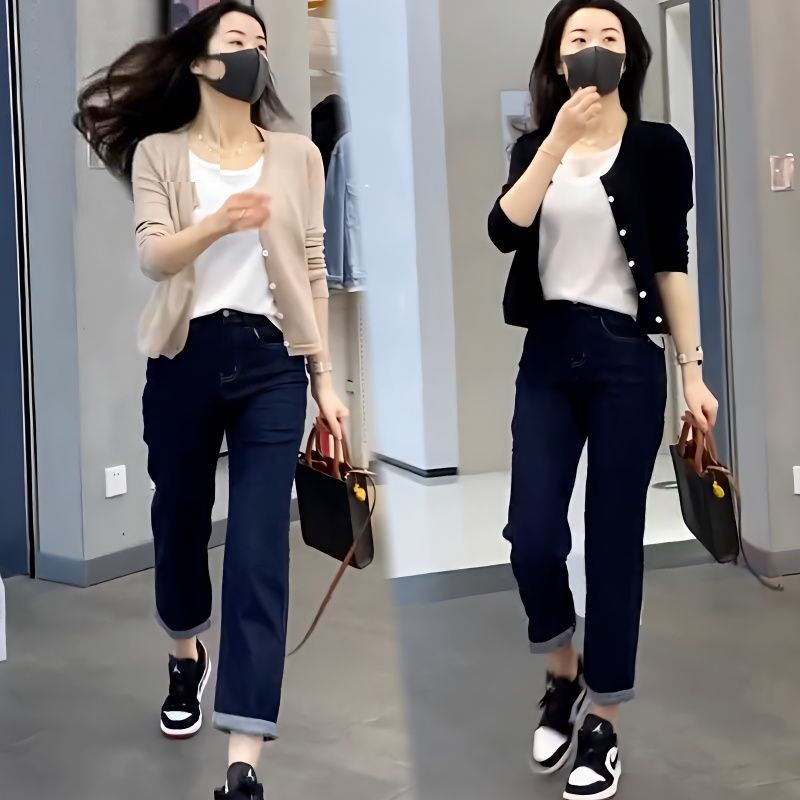 Lanhai Yinuo round neck fake two-piece knitwear nine-point denim straight-leg pants suit female 2023 autumn thin two-piece suit