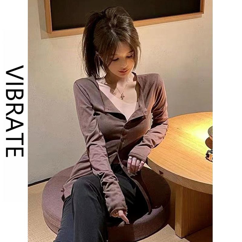 VIBRATE韓版設計感小眾開衫秋季新款氣質修身顯瘦辣妹襯衫上衣