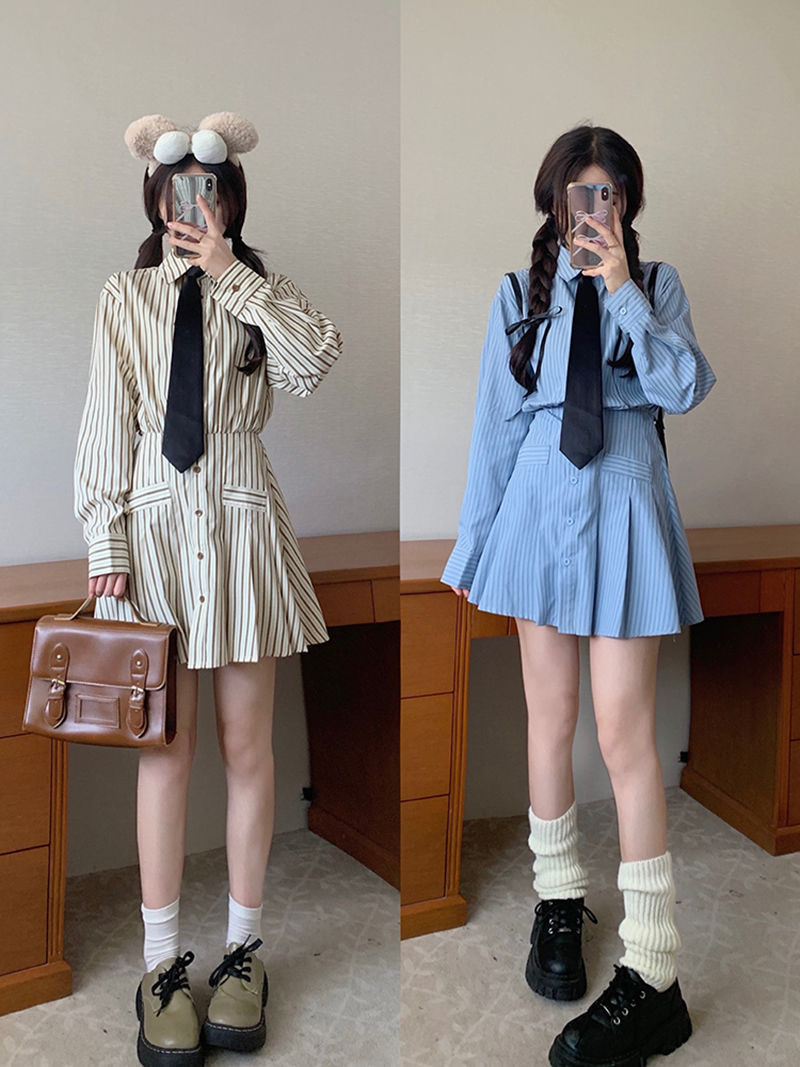 大碼學院風甜美polo條紋長袖襯衫連衣裙大碼女裝裙子遮肚顯瘦短裙