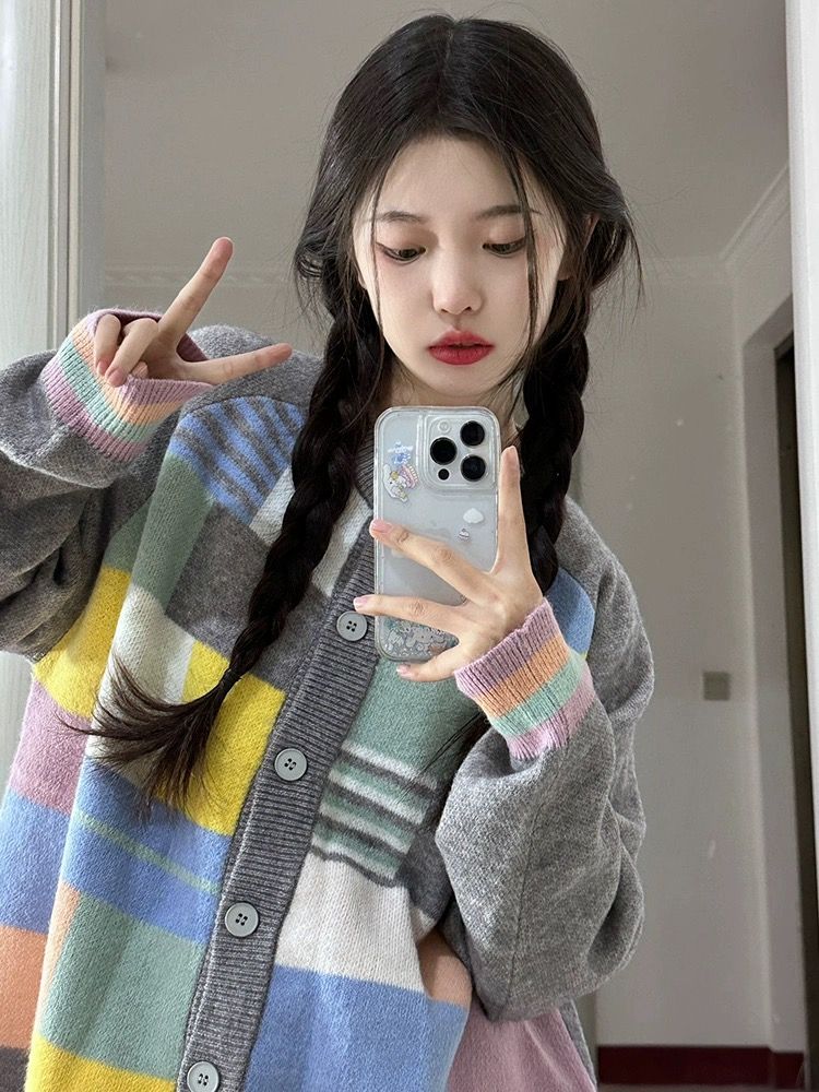 美式復古彩色格子毛衣女秋冬新款韓版寬鬆小眾設計感針織開衫外套