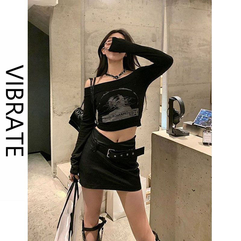 VIBRATE韩版黑色一字肩上衣女早秋新款修身显瘦短款百搭长袖T恤