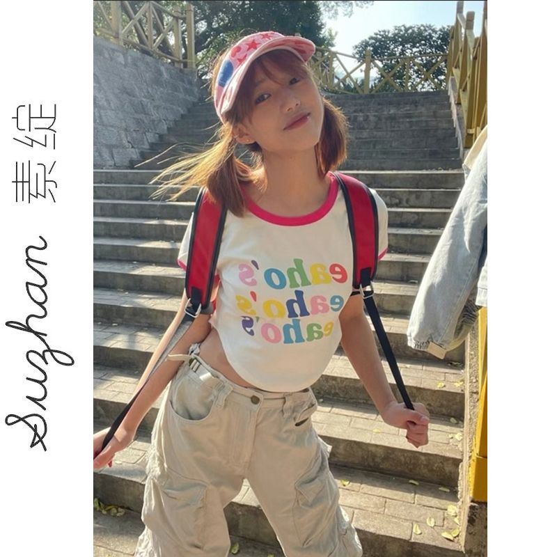 新款彩色字母印花弧形不規則下擺短袖上衣女夏季薄款純欲風短袖潮