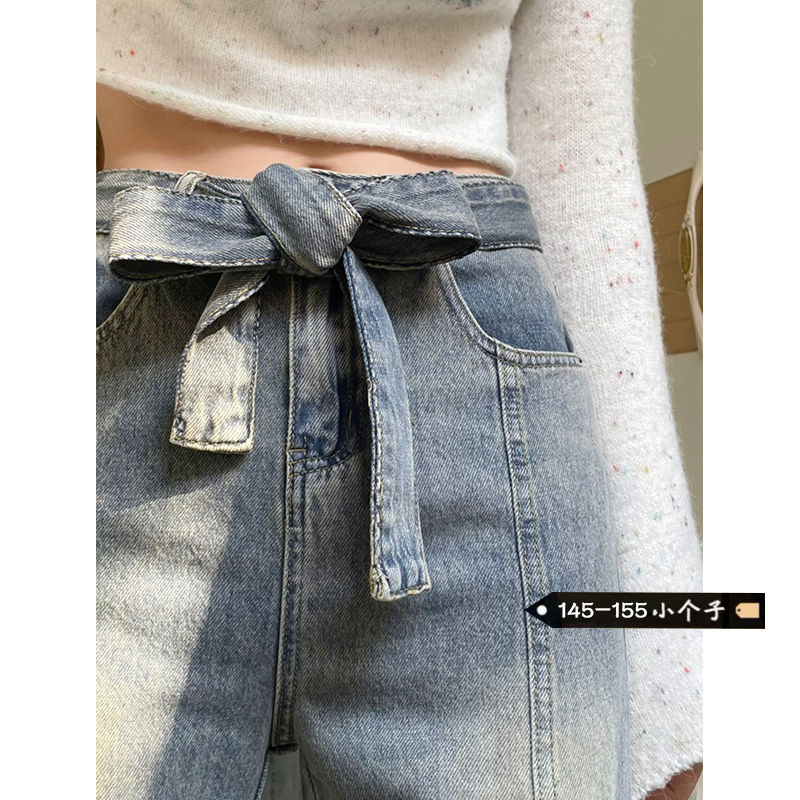 小個子復古懷舊高腰牛仔闊腿褲女小個子秋季綁帶直筒毛邊垂感長褲