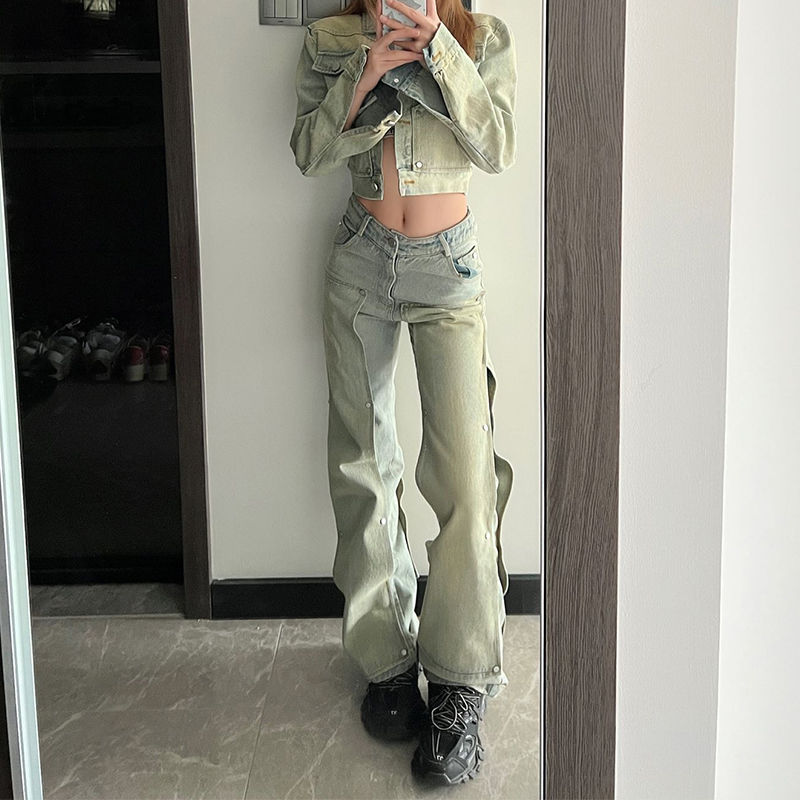 大碼高街原宿設計感微喇牛仔褲女胖mm小眾慵懶重工直筒潮流辣妹褲