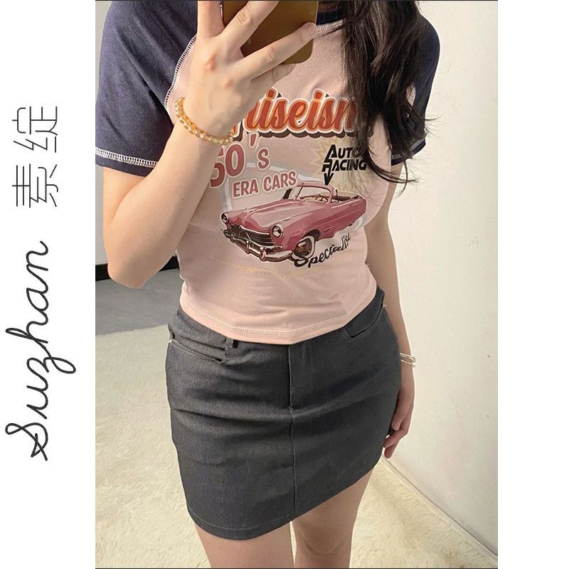 復古辣妹明線裝飾印花短款上衣女夏季純欲風修身顯瘦露臍短袖t恤