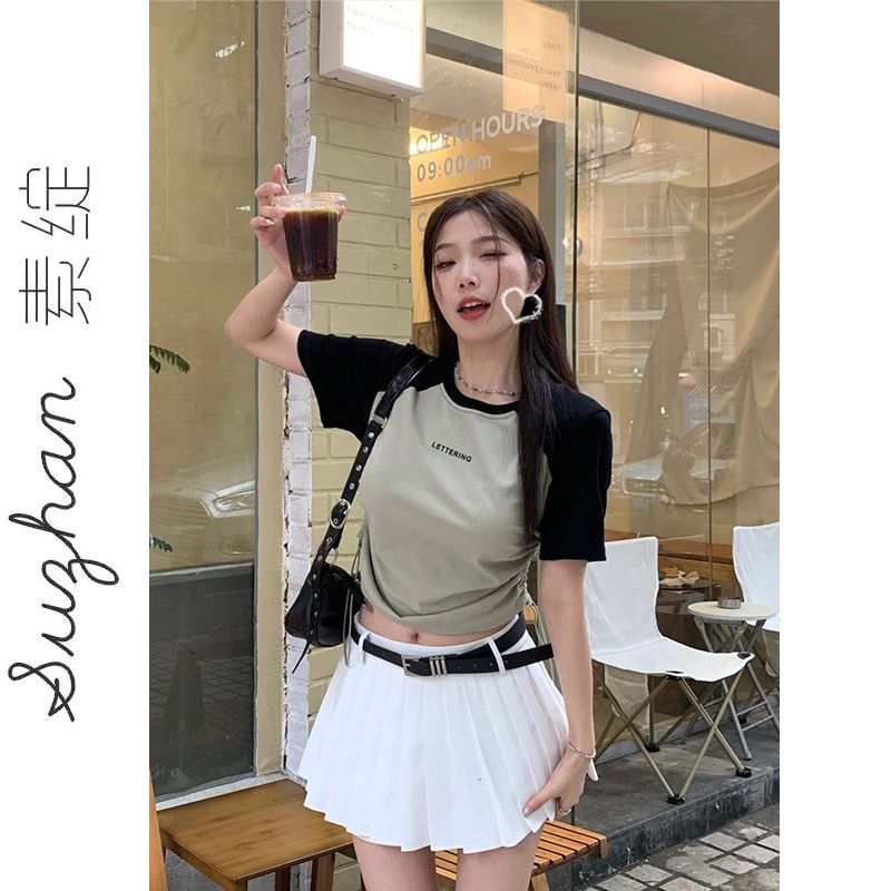復古插肩袖褶皺抽繩設計感短款t恤衫女夏季撞色字母印花顯瘦上衣