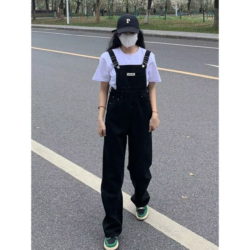 Korean version ins retro black denim overalls for women spring and autumn new high waist loose slim design jumpsuit