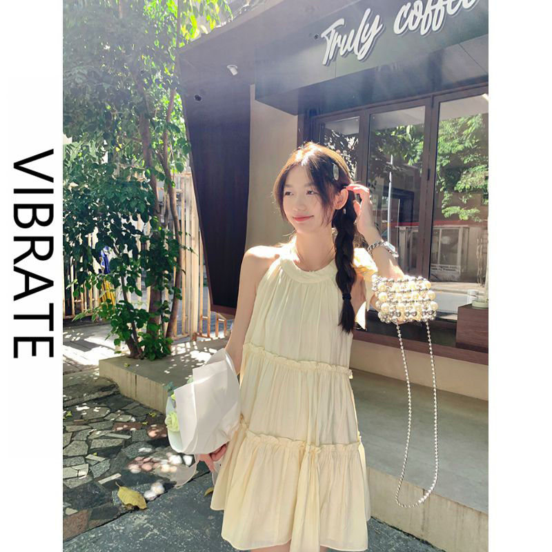 VIBRATE韓版木耳邊掛脖無袖吊帶裙小個子甜美減齡百搭a字公主裙
