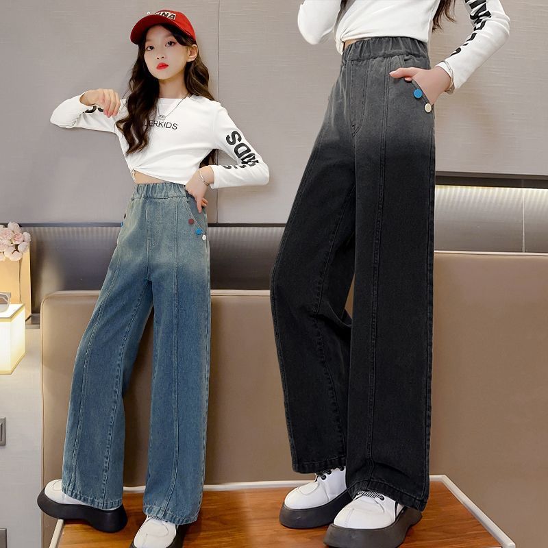 女童牛仔褲春秋季2023新款兒童直筒褲子韓版長褲中大童秋裝闊腿褲